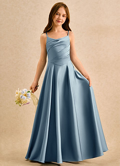 Azazie Coconut Girls Formal 플라워 걸 드레스 A라인 주름진 스트레치 새틴 플로어 길이 드레스 image3