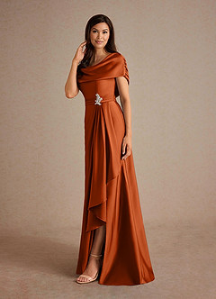 Azazie Branford Vestidos para mãe da noiva Vestido Laranja Queimada de Cetim elástico de Linha A com Plissado image2