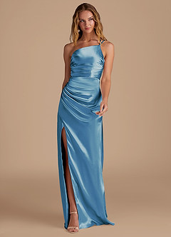 Azazie Eren Bridesmaid Dresses Steel Blue Sheath One Shoulder Metallic Satin Dress image3