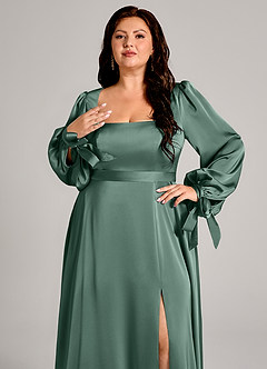 Azazie Leonia Robes de demoiselle d'honneur Robe Trapèze en Satin extensible Manche longue Eucalyptus image9