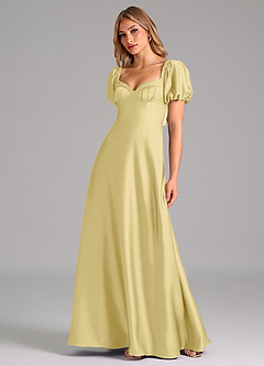 Azazie Fatima Robes de demoiselle d'honneur Robe Trapèze en Satin extensible Plissée Sorbet Citron image4