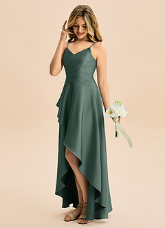 Azazie Eirlys Junior A라인 주름진 스트레치 새틴 비대칭 주니어 신부 들러리 드레스 image3