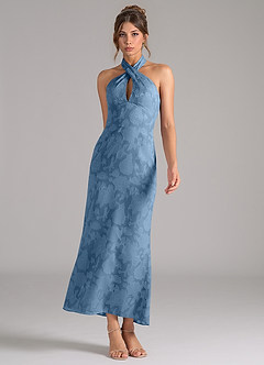 Azazie Marlissa Bridesmaid Dresses Steel Blue Sheath Pleated Floral Burnout Dress image3