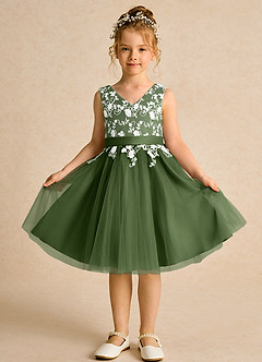 Azazie Butterfly Flower Girl Dresses Olive A-Line Lace Dress image2