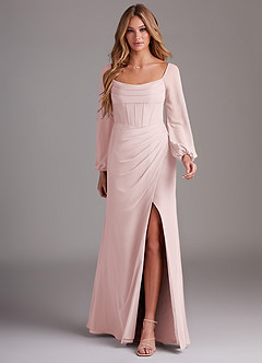 Azazie Charissa Brautjungfernkleider Etui Langarm Chiffon Kleid Zartrosa image3