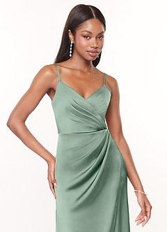 Azazie Maci Brautjungfernkleider A-Linie V-Hals Gefaltet Stretch-Satin Kleid Agave image5
