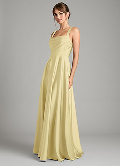 Azazie Shaude Vestidos de damas de honor Vestido de Sorbete De Limón de Satén Elástico de Corte en A con Plisado image5