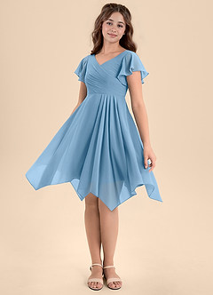 Azazie Janeaurelia Junior Steel Blue A-Line Pleated Chiffon Dress image4
