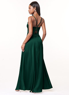 Azazie Maksim Bridesmaid Dresses Emerald A-Line V-Neck Stretch Satin Dress image2