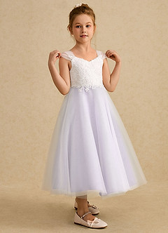 Azazie Momo Flower Girl Dresses Ivory Lilac A-Line Lace Dress image5