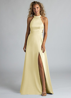 Azazie Clarice Bridesmaid Dresses Lemon Sorbet A-Line High Neck Stretch Satin Dress image4