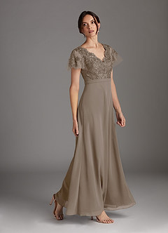 Azazie Singer Mother of the Bride Dresses Taupe A-Line V-Neck Lace Chiffon Dress image3