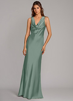 Azazie Cheryl Vestidos de damas de honor Vestido de Salvia Plateada de Satén Elástico de Corte Sirena image4