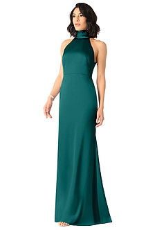 Azazie x Delaney Bridesmaid Dresses Peacock Sheath High Neck Stretch Satin Dress image2