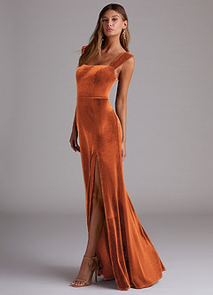 Azazie Junia Bridesmaid Dresses Burnt Orange Sheath Off the Shoulder Velvet Convertible Dress image5
