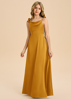 Azazie Gumdrop Junior Butterscotch Empire Pleated Stretch Satin Dress image3