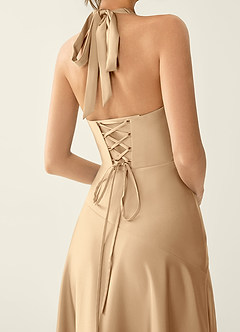 Titania Champagne Satin V-neck Ruffled Prom Dress image5