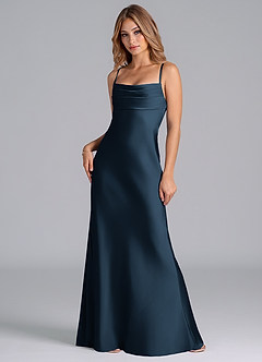 Azazie Seema Vestidos de damas de honor Vestido Azul Marino Oscuro de Satén Elástico de Corte Sirena con Corsé image3