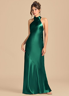 Azazie Velli Robes de demoiselle d'honneur Robe Fourreau en Satiné métallisé Col Haut émeraude image3