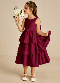 Azazie Margery Flower Girl Dresses Burgundy A-Line Bow Stretch Satin Dress image4