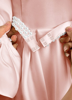 Azazie Gabriella Flower Girl Dresses Blushing Pink Ball-Gown with Sleeves Matte Satin Dress image7