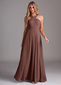Azazie Dixie Bridesmaid Dresses Espresso A-Line Halter Pleated Chiffon Dress image3
