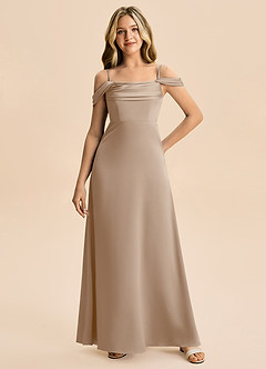 Azazie Lettie Junior Taupe A-Line Off the Shoulder Stretch Satin Dress image4