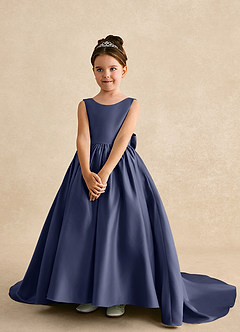 Azazie Mimia Robe Demoiselle D'honneur Fillette Robe Trapèze en Mat Satiné Arc Bleu Orageux image3