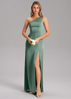 Azazie Feby Bridesmaid Dresses Eucalyptus A-Line One Shoulder Stretch Satin Dress image1