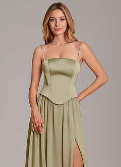 Azazie Cadence Bridesmaid Dresses Moss Green A-Line Corset Stretch Satin Convertible Dress image2