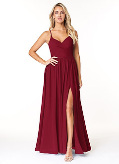 Azazie Dominic Bridesmaid Dresses Burgundy A-Line V-Neck Pleated Chiffon Dress image1