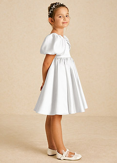 Azazie Muffin Flower Girl Dresses White A-Line with Sleeves Matte Satin Dress image3