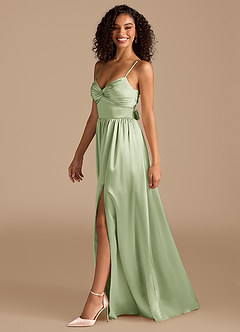Azazie Zeya Bridesmaid Dresses Dusty Sage A-Line Pleated Metallic Satin Dress image5