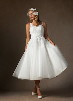 Azazie Dolores Wedding Dresses Diamond White A-Line V-Neck lace Satin Dress image4