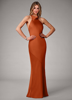 Azazie Velli Vestidos de damas de honor Vestido de Naranja Quemada de Satén Elástico de Corte Sirena image1