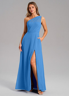 Azazie Phaedra Bridesmaid Dresses Blue Jay A-Line One Shoulder Chiffon Dress image1