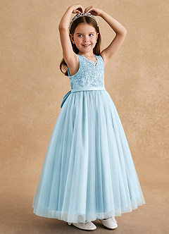Azazie Cinna Flower Girl Dresses Sky Blue A-Line Lace Tulle Dress image3
