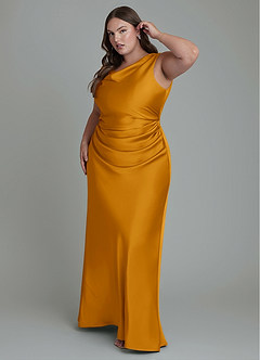 Azazie Kieryn Robes de demoiselle d'honneur Robe Sirène en Satin extensible Plissé Caramel écossais image9