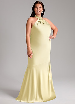 Azazie Lorena Bridesmaid Dresses Lemon Sorbet Mermaid Pleated Stretch Satin Dress image10
