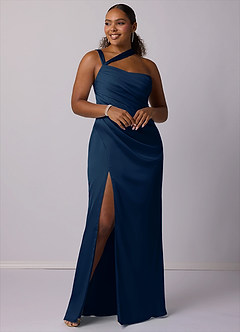 Barbie ♥ Azazie Robes de demoiselle d'honneur Robe Sirène en Satin extensible Ue épaule Bleu Marine Foncé image8