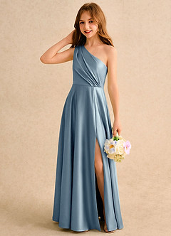Azazie Puddles Junior Formal Flower Girl Dresses Dusty Blue A-Line One Shoulder Stretch Satin Dress image3