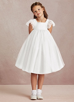 Azazie Kalio Flower Girl Dresses White A-Line with Sleeves Tulle Dress image2