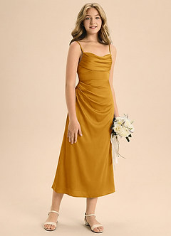 Azazie Mai Junior Skede Plisseret Stræk satin Te-længde Junior brudepige Kjole image5