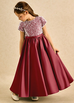 Azazie Cashew Flower Girl Dresses Pomegranate Ball-Gown with Sleeves Matte Satin Dress image5
