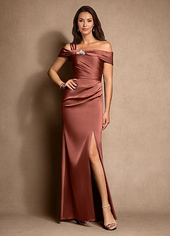 Azazie Altonia Mother of the Bride Dresses Auburn Mermaid Off the Shoulder Stretch Satin Dress image1
