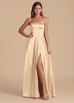 Azazie Wren 신부 들러리 드레스 A라인 스트랩리스 메탈릭 새틴 바닥 길이 드레스 image1