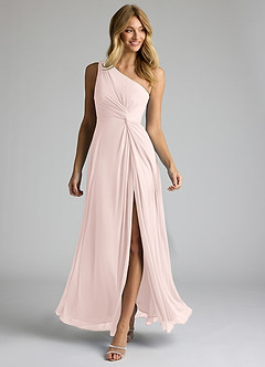 Azazie Brooke Bridesmaid Dresses Blushing Pink A-Line One Shoulder Mesh Dress image2