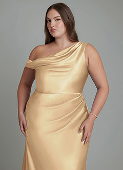 Azazie Emerson Bridesmaid Dresses Champagne Mermaid Off the Shoulder Metallic Satin Dress image5