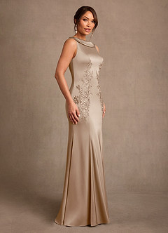 Azazie Franny Mother of the Bride Dresses Taupe Sheath Lace Stretch Satin Dress image3