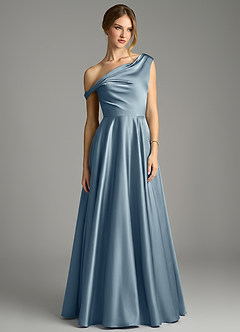 Azazie Xanthe Bridesmaid Dresses Dusty Blue A-Line Off the Shoulder Stretch Satin Dress image3